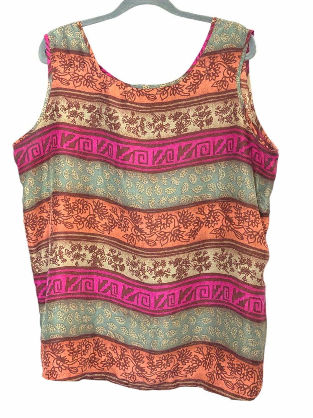 VTG Pacific Silk Studio Boho Tank Top Size 1X 100% Silk Geometric Floral Blouse